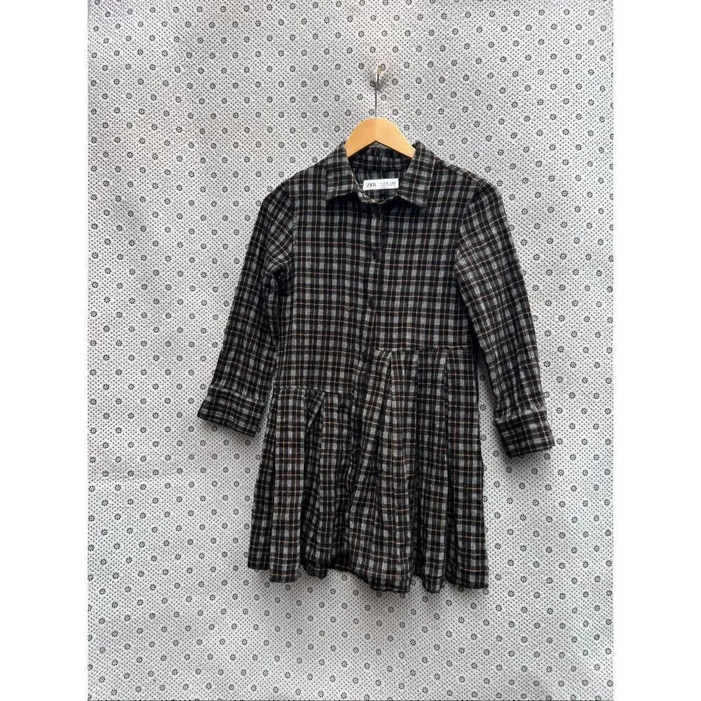 ZARA Girls Long Sleeve Asymmetric Pleated Dress Size 9-10 Black/Brown Plaid